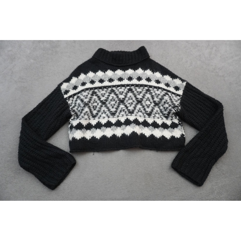 Free People Sweater Womens S Black White Fair Isle Cropped Mock Neck Chunky